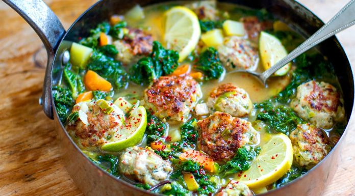 Turkey Meatballs & Kale In Lemony Garlic Broth (Paleo, Whole30)